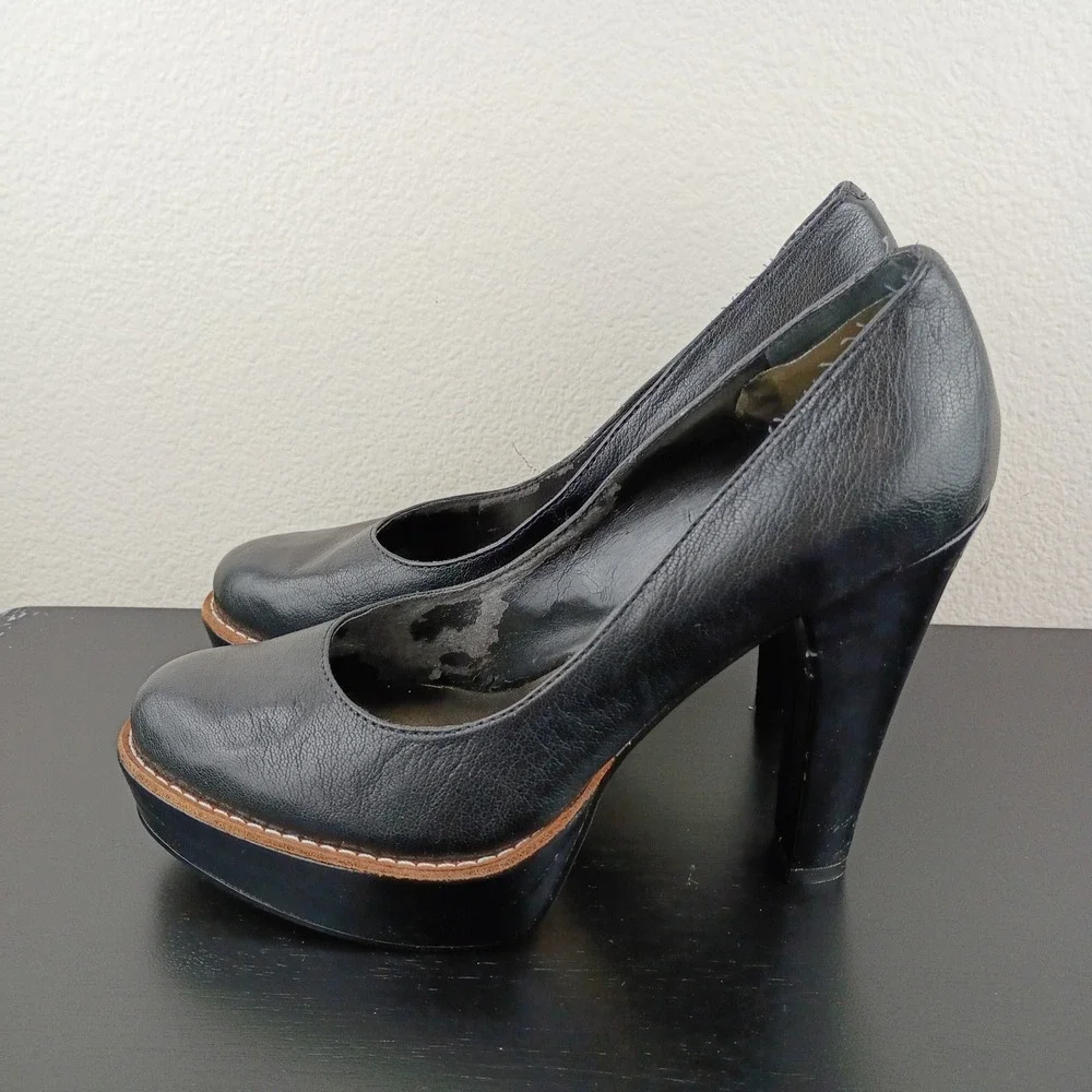 Nine West Womens Black Leather Platform Pumps Round Toe Block Heel Size 7.5M